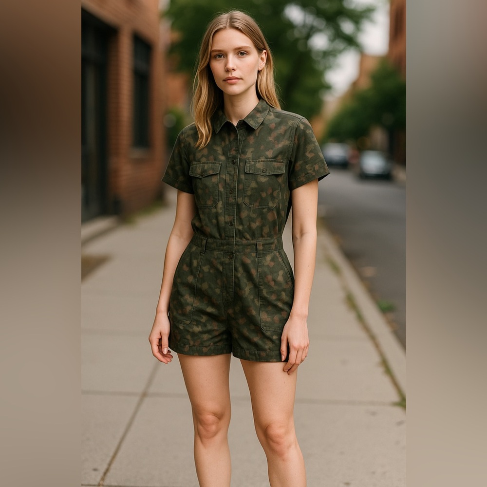 Title Nine 9 Brash Utility Romper Walea Camo Womens S Green‎ Active Resortware